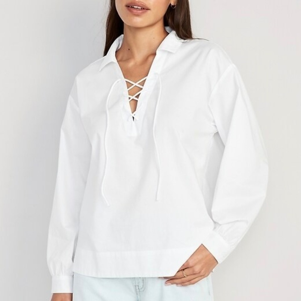 Old Navy Womens White Cotton Lace Up V Neck Blouse Long Sleeve Top Large